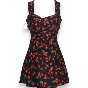 Retro Cherry Pattern Plus Size Swimdress 2X - Molded Cup, Skirted One-Piece